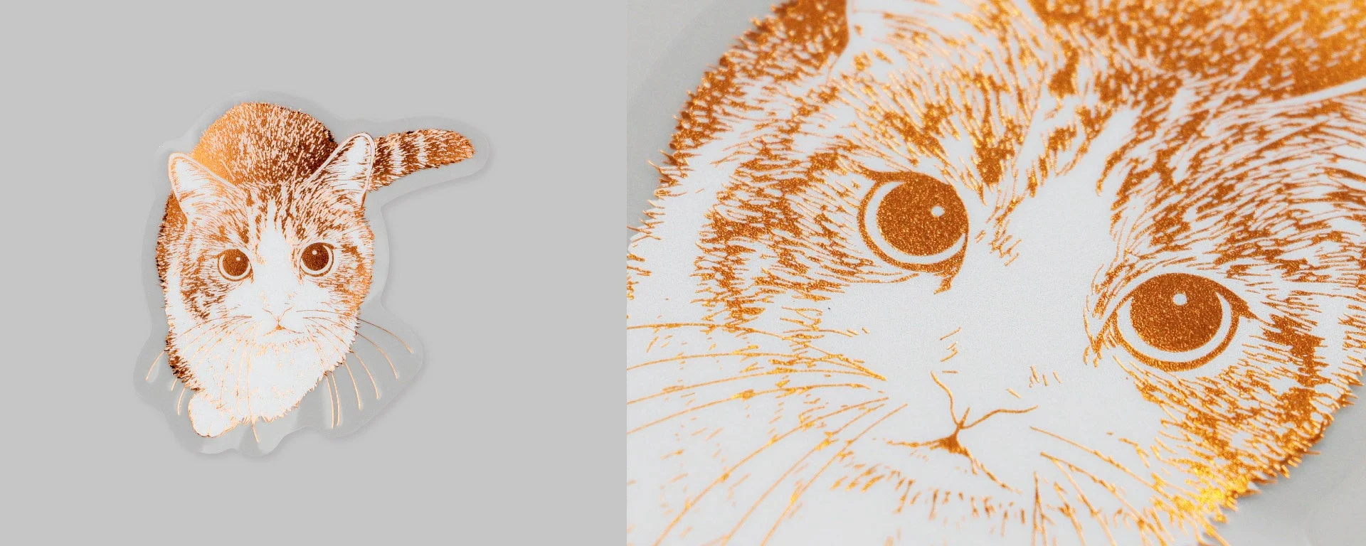 白地に金色の光沢で描かれた猫のイラストが特徴的なステッカー