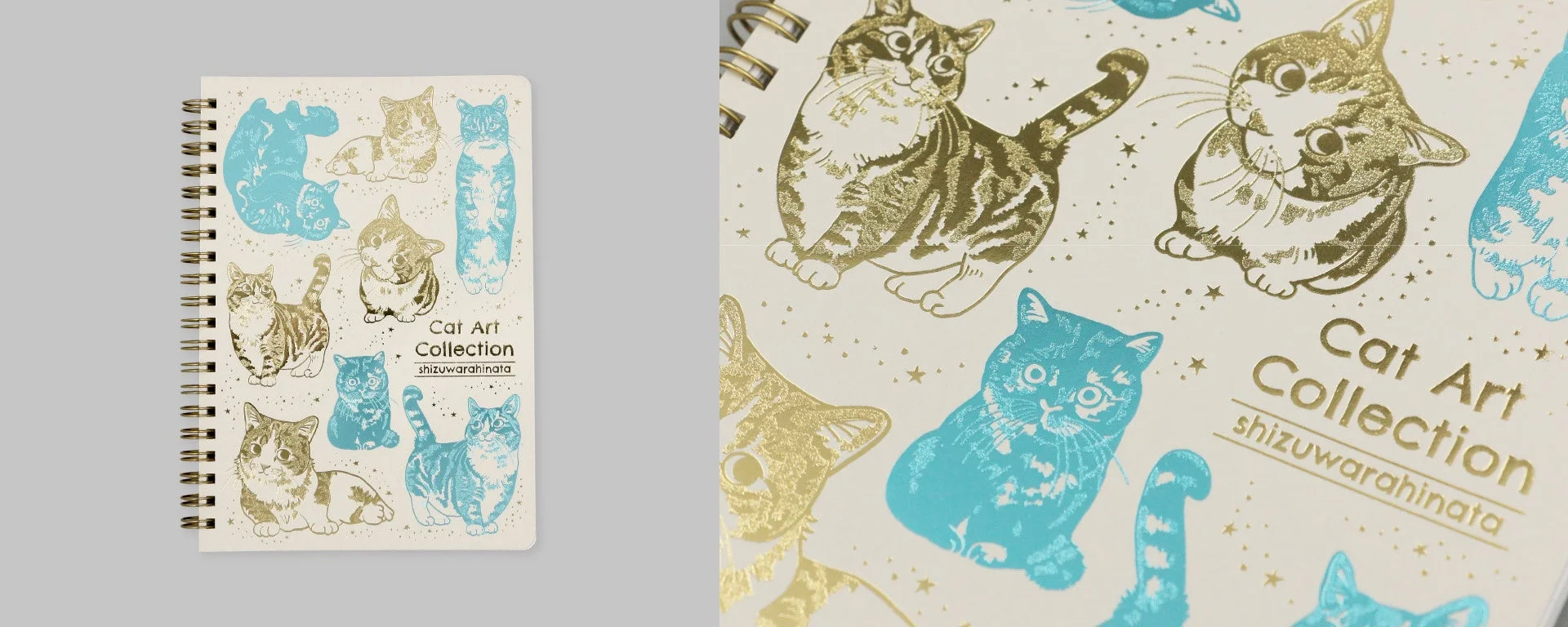 ゴールドと水色の猫のイラストが多数描かれたリング綴じのノート