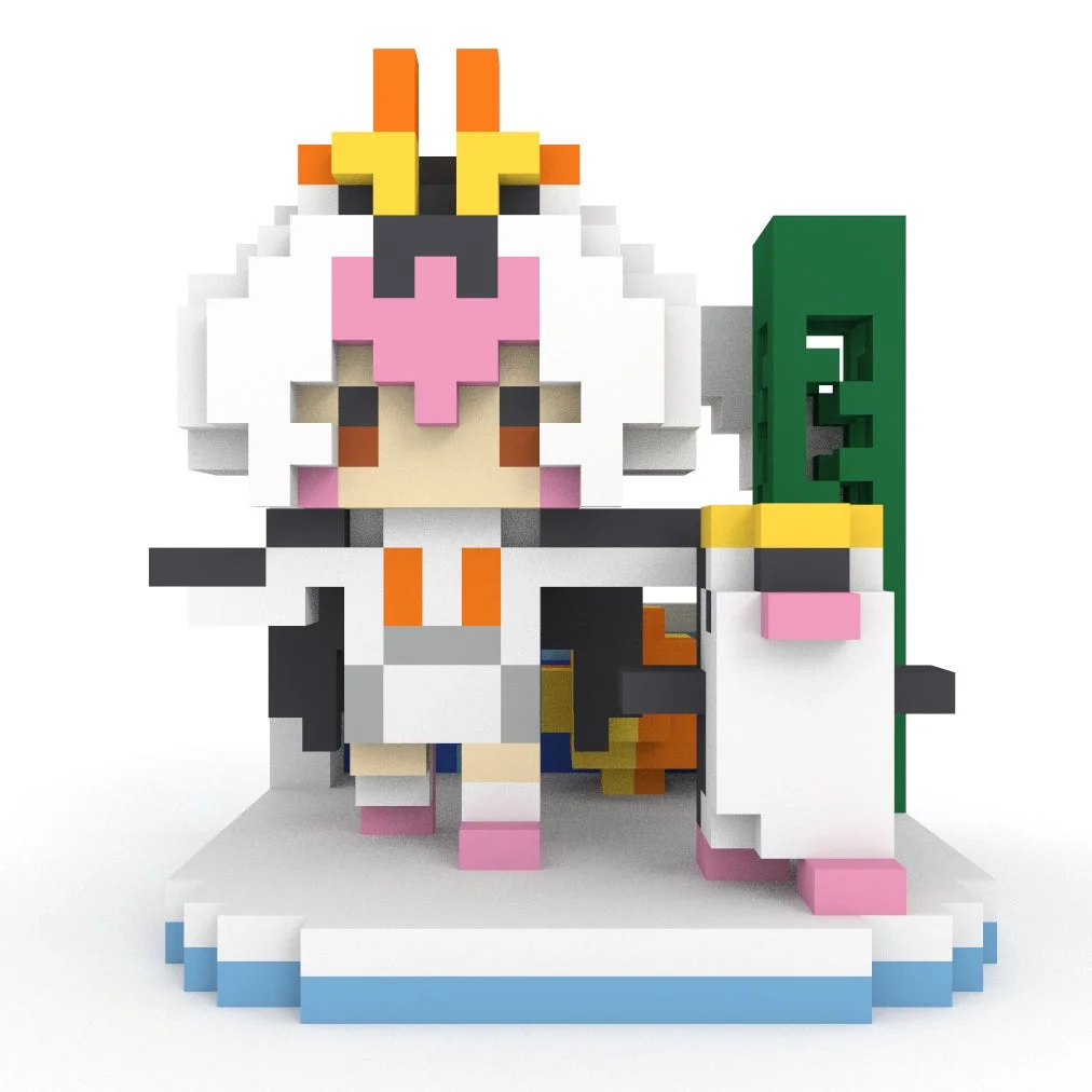 白髪とオレンジ色の冠をつけたピクセルアートキャラクターと小動物