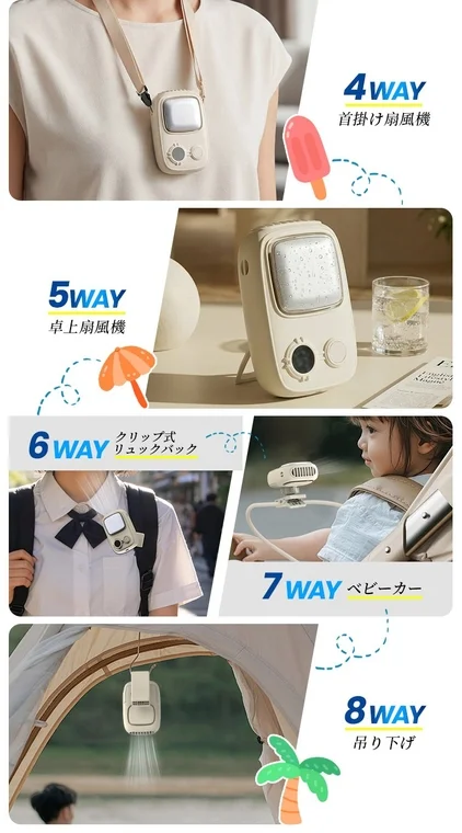 多機能なポータブルミニ扇風機の使用例を8通り紹介している画像