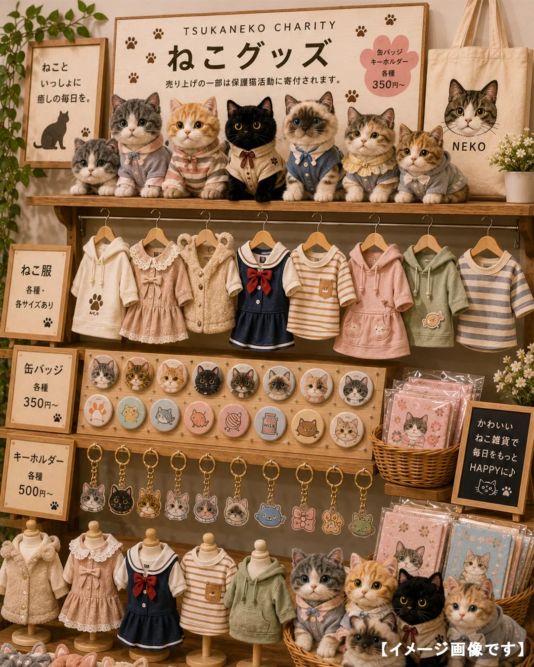 保護猫チャリティイベントで販売されている、猫のぬいぐるみ、猫用の洋服、缶バッジ、キーホルダーなどの可愛らしい猫グッズが多数展示されています。