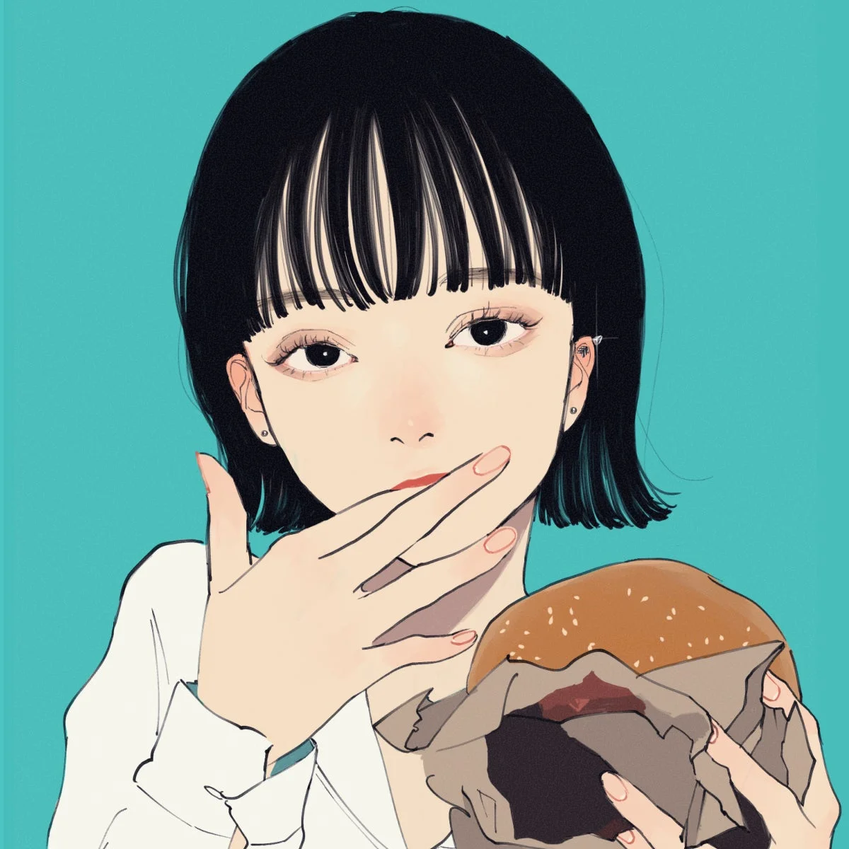 ショートヘアの女性がハンバーガーを持っているイラスト