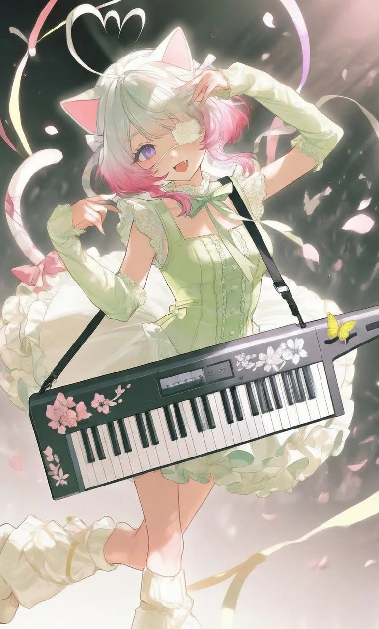 猫耳とアイパッチをつけたアニメ風の少女