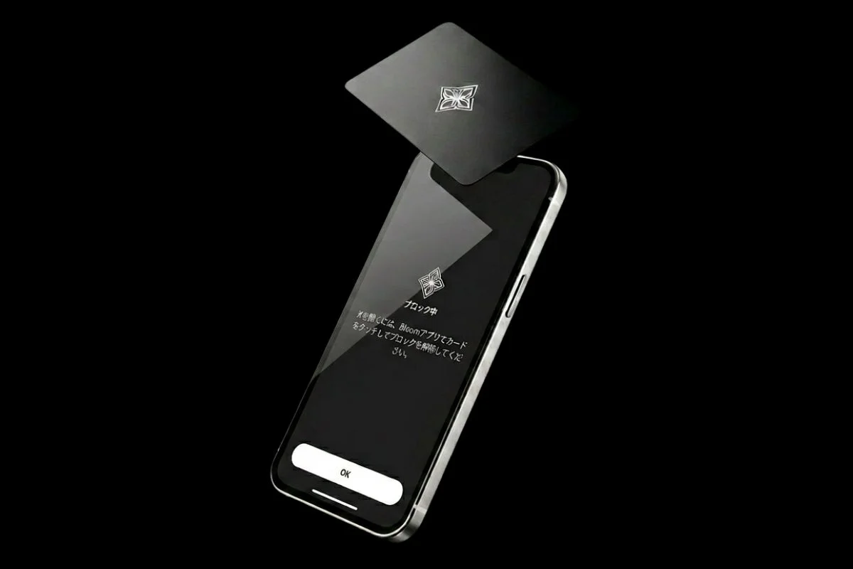 スマートフォン, カード, NFC, 非接触, 支払い, セキュリティ, デジタル, テクノロジー, Bloomアプリ, ブロック解除, 日本語表示, 黒背景, 製品写真