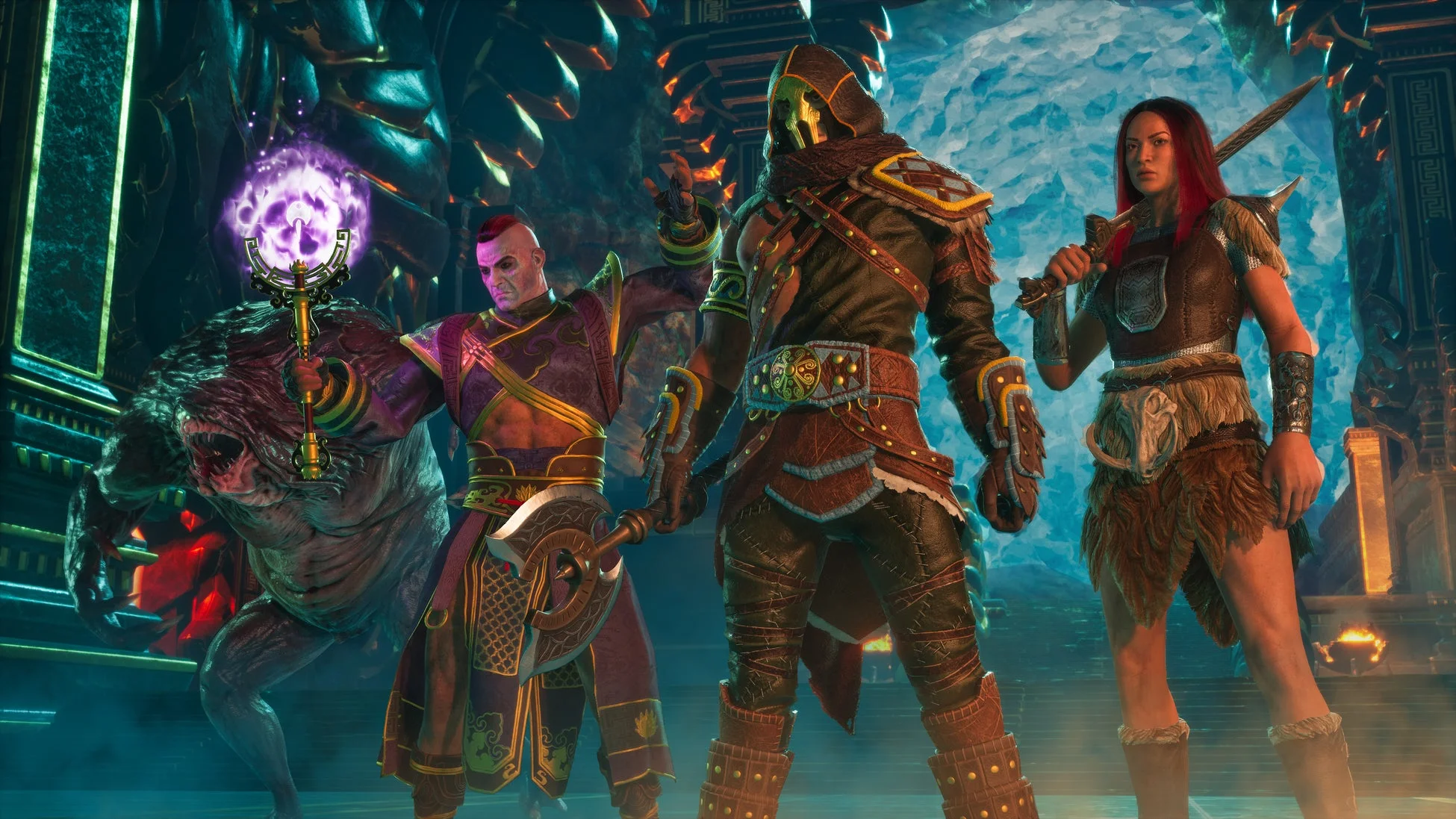 洞窟でポーズをとる4人のキャラクター