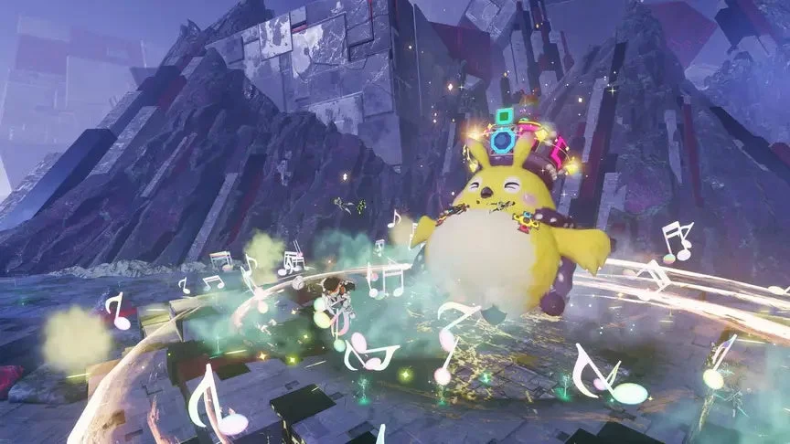 ピカチュウに似た黄色いキャラクターが、音楽記号と光のエフェクトに囲まれ、未来的なSF空間でダンスしている様子