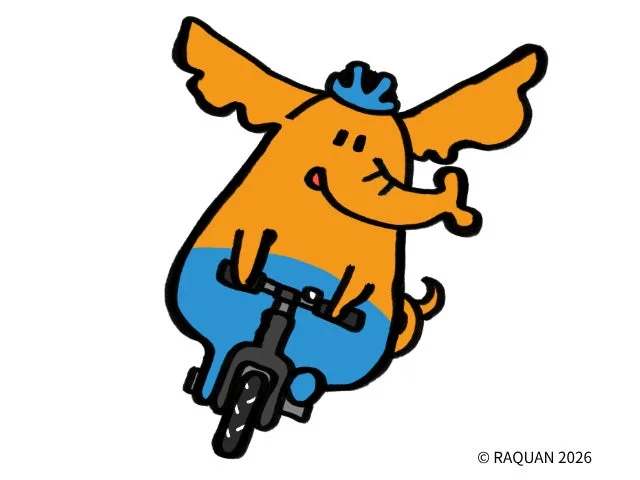 青いヘルメットとズボンを着用した、翼のあるオレンジ色の象のようなキャラクターが自転車に乗っている、可愛らしいイラスト
