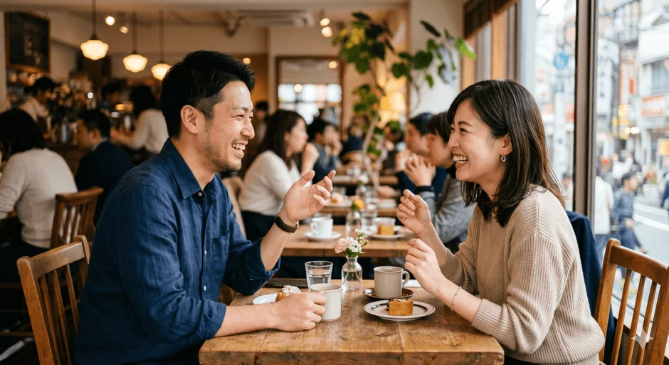 カフェで向かい合って座り、笑顔で談笑する男女