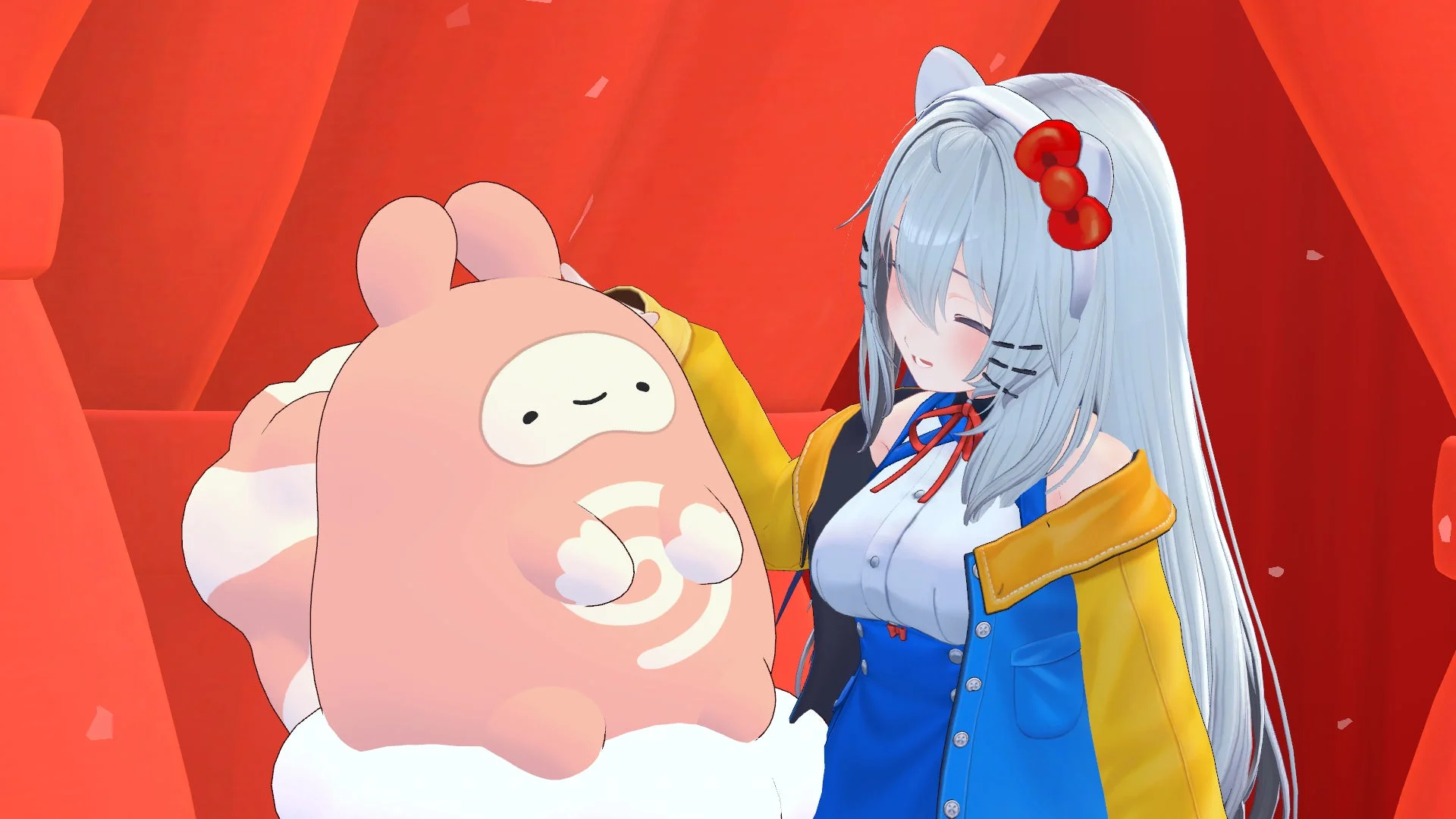 キャラクターがタベッチャネを撫でる様子
