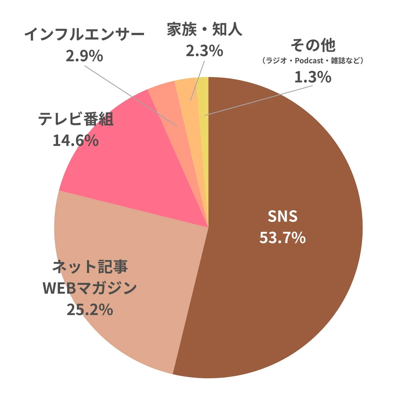 様々な情報源の割合を示した円グラフです。SNSが53.7%と最も多く、次いでネット記事・WEBマガジンが25.2%、テレビ番組が14.6%を占めています。インフルエンサー、家族・知人、その他のメディア（ラジオ、Podcast、雑誌など）がそれに続きます。
