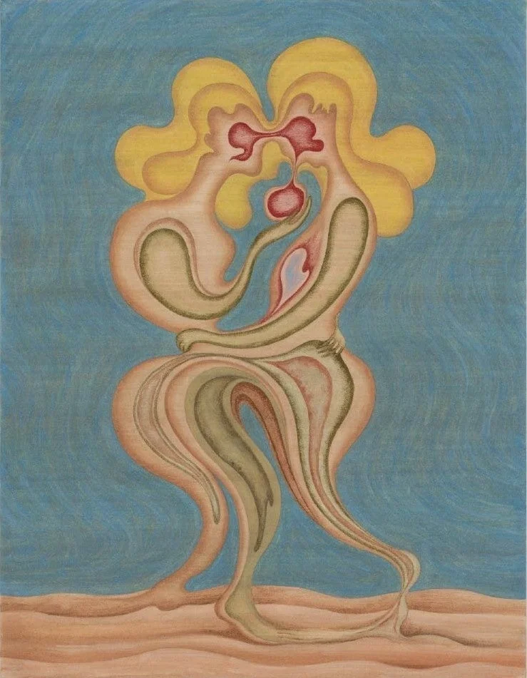 抽象的な二人の人物が抱き合う絵画