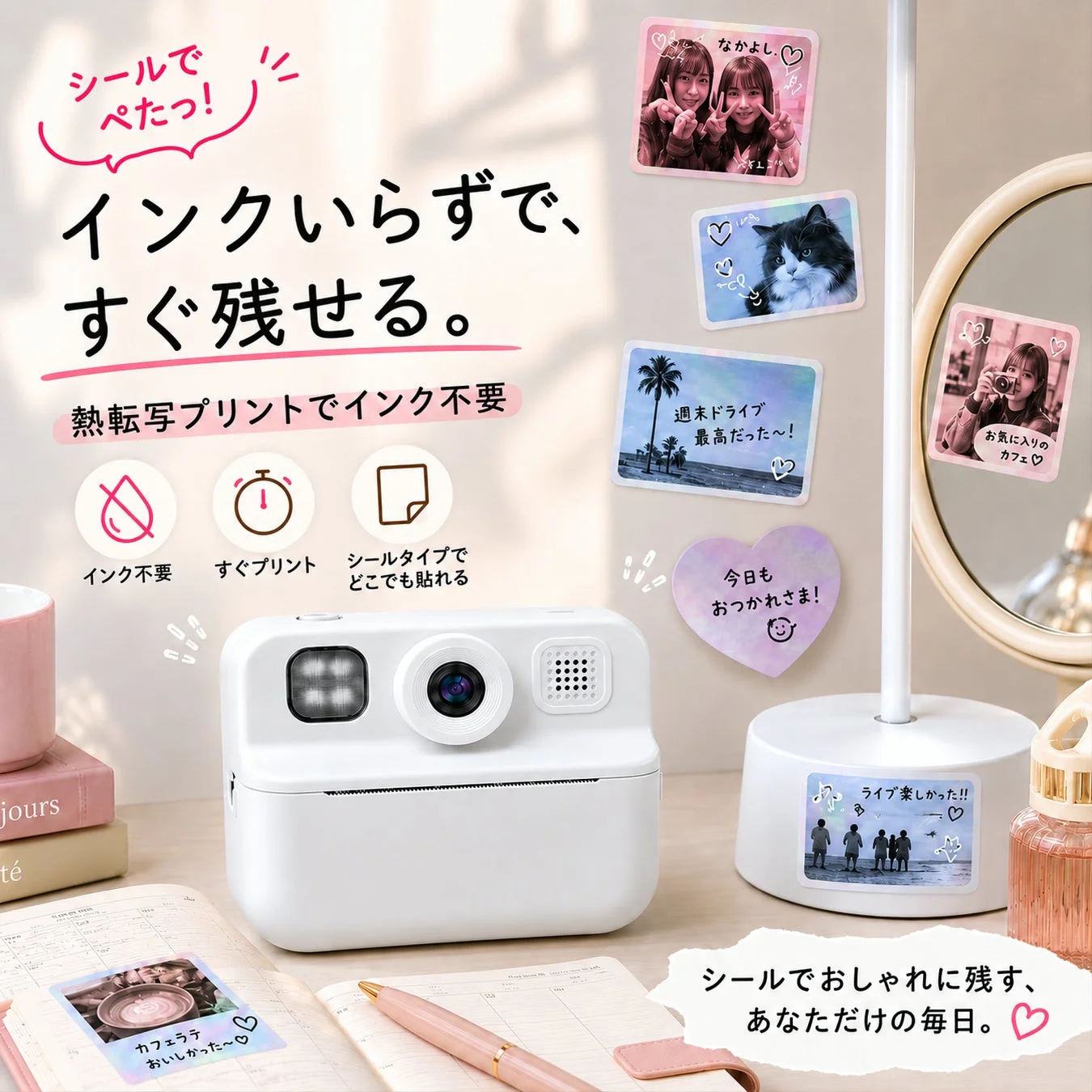 インク不要、すぐプリント、シールタイプでどこでも貼れる