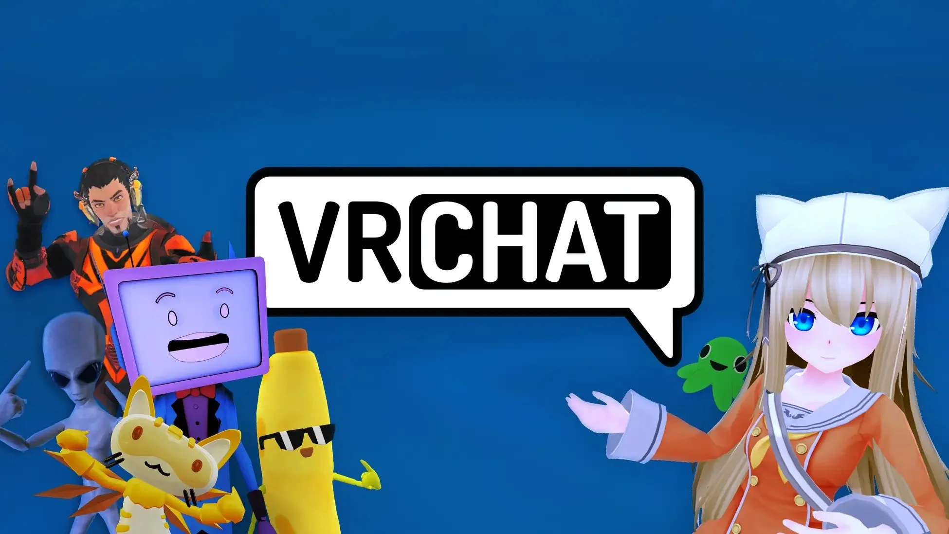 VRChatのロゴと多様なアバター