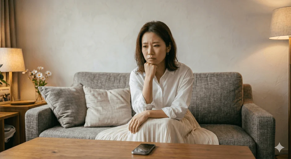 リビングのソファに座り、スマートフォンを前にして物思いにふけるアジア人女性
