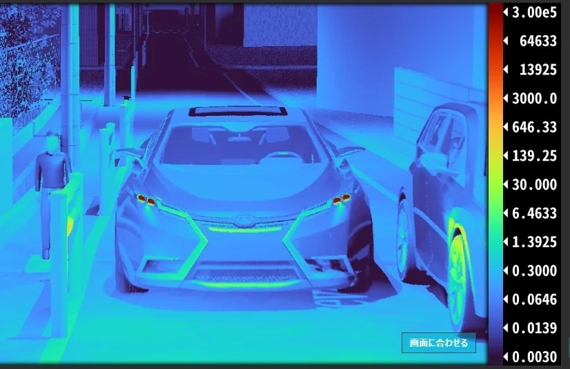 青と緑のトーンで表現されたヒートマップ調の画像で、路上に駐車された車と、その横に立つ人物が描かれています。右側には数値のカラーバーがあり、センサーデータやシミュレーションの可視化を示唆しています。