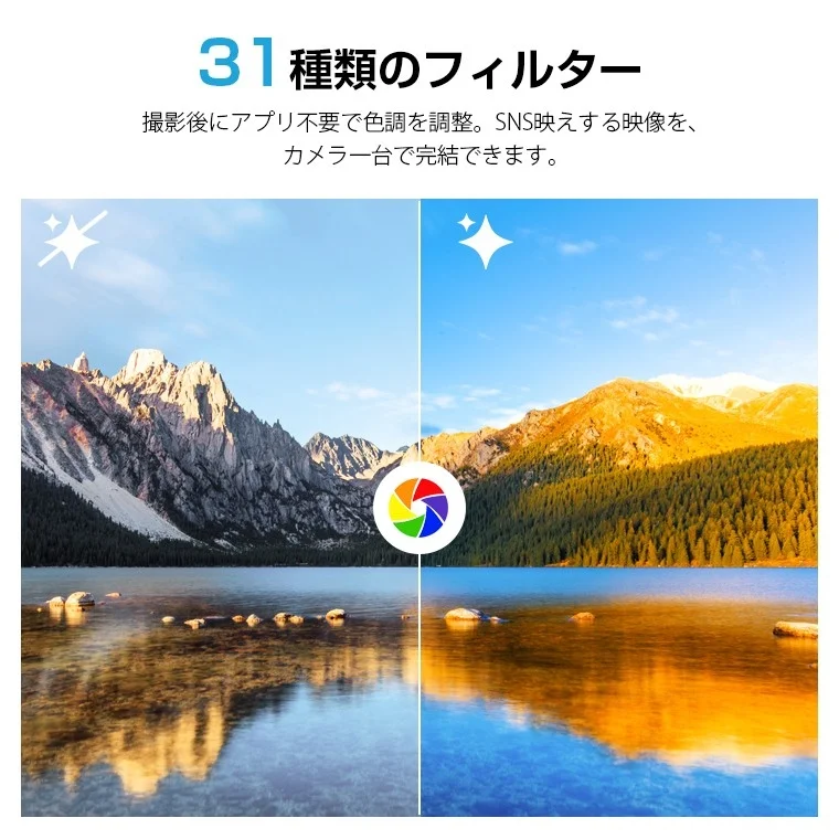 31種類のフィルター機能を紹介する画像で、撮影後にアプリ不要で色調調整ができることを示しています