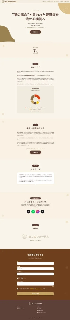 猫の慢性腎臓病治療薬AIMの早期承認を求める嘆願サイトのスクリーンショット