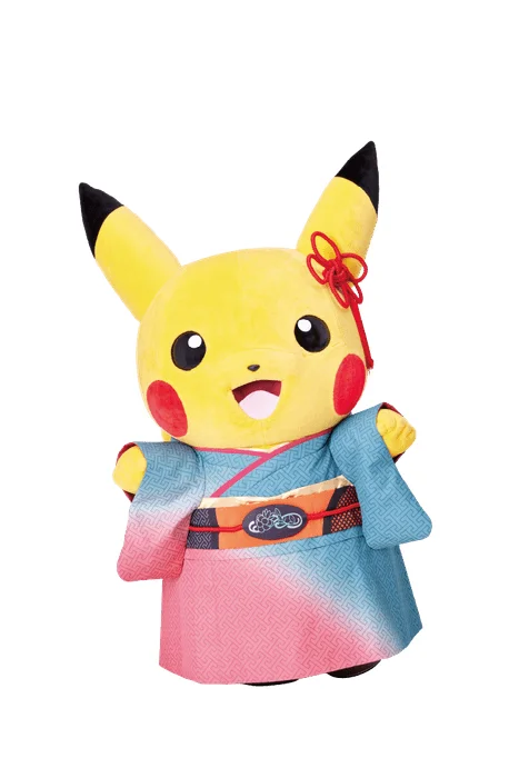 青とピンクの和服を着たピカチュウのぬいぐるみ