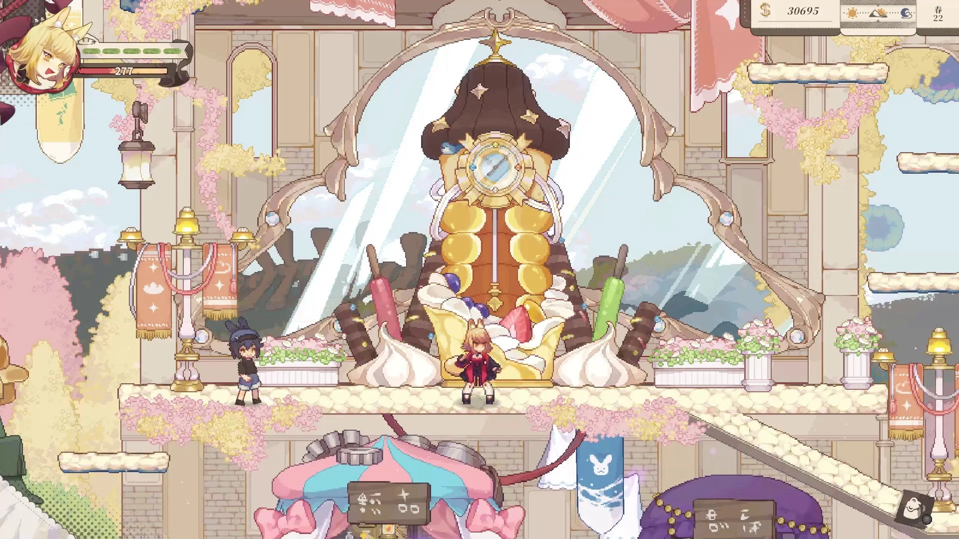 可愛いピクセルアートスタイルのゲーム画面です。中央には巨大なデザートのような時計があり、その前に2人のキャラクターが立っています。全体的にファンタジーで甘い雰囲気のステージデザインが特徴です。