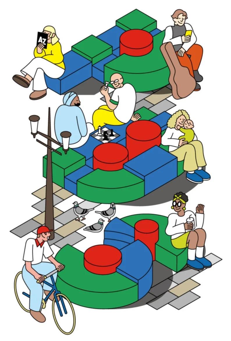 カラフルなブロック状のベンチがある公共スペースのイラスト