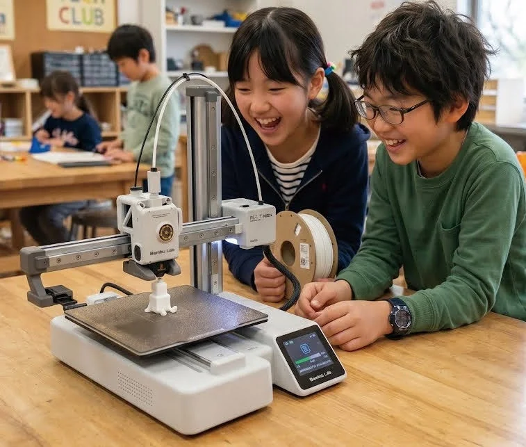 子供たちが3Dプリンターを見守る様子