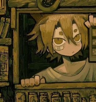 黄色い髪の少年が窓枠のような場所から顔を覗かせているイラスト。目の下にクマがあり、頬には絆創膏が貼られ、どこか憂鬱な表情をしている。周囲は本棚のような暗い空間で、レトロな雰囲気が漂っています。