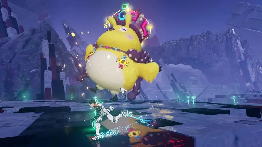 未来的な世界で、白いスーツを着たキャラクターが巨大な黄色いモンスターと戦っている場面