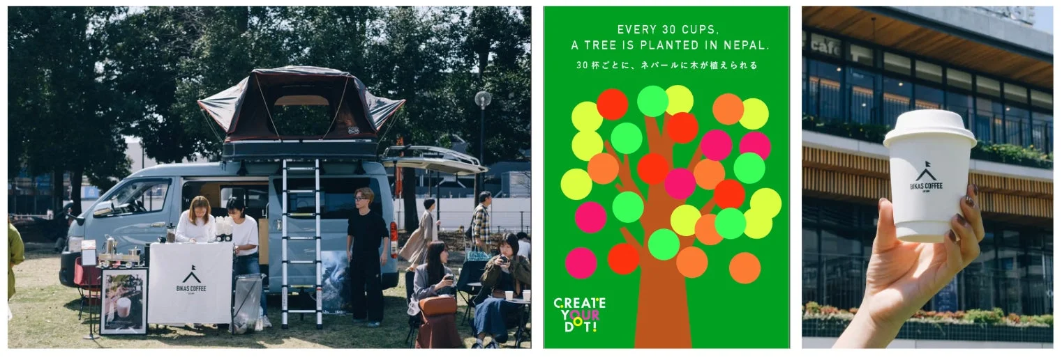 BIKAS COFFEEの移動カフェ、環境への取り組み、コーヒーカップを持つ手元