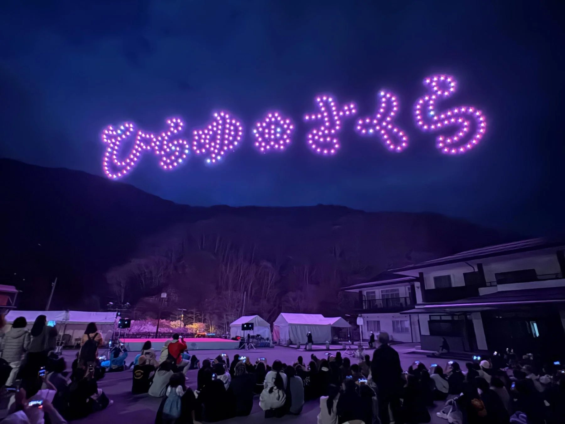 夜空にドローンで「ひゅうがさくら」の文字が描かれた、幻想的なドローンショーの様子です。多くの観客が地面に座り、夜空を見上げています。背景には山や建物、イベント用のテントが見えます。
