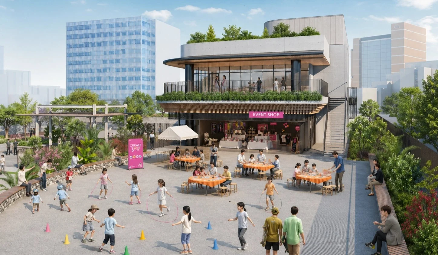 近代的な建物と緑豊かな広場で、子供たちが遊び、大人たちがイベントショップや活動を楽しむ様子