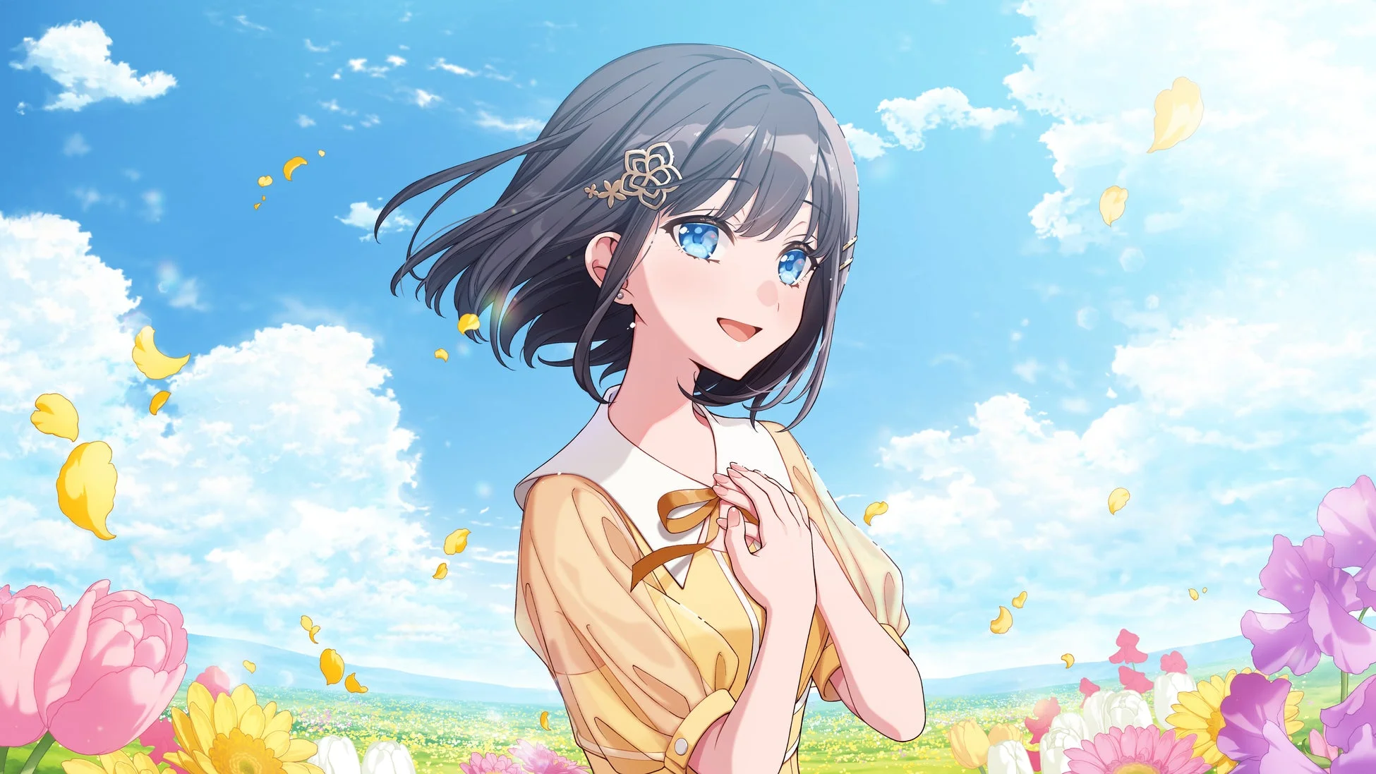 花畑に立つ笑顔のアニメ少女