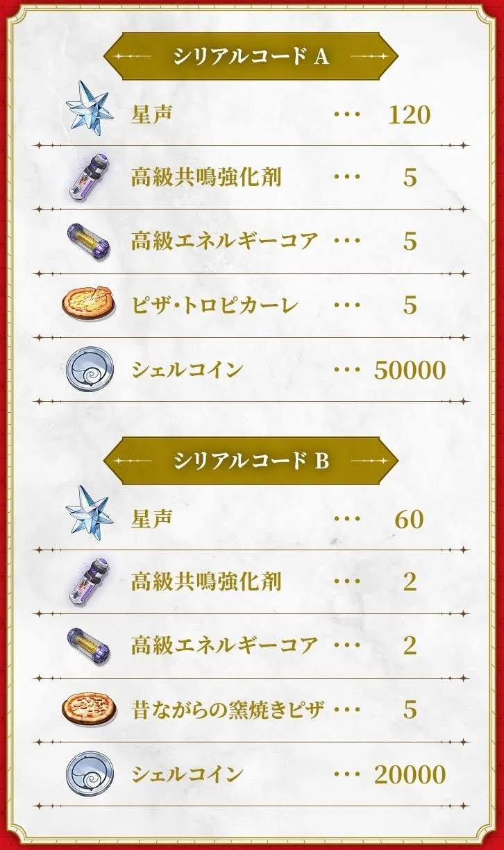 この画像は、ゲーム内で利用できるシリアルコードAとBの報酬内容を示しています。星声、高級共鳴強化剤、高級エネルギーコア、ピザ、シェルコインといったアイテムとその数量がリストされており、シリアルコードAの方が全体的に豪華な報酬内容となっています。