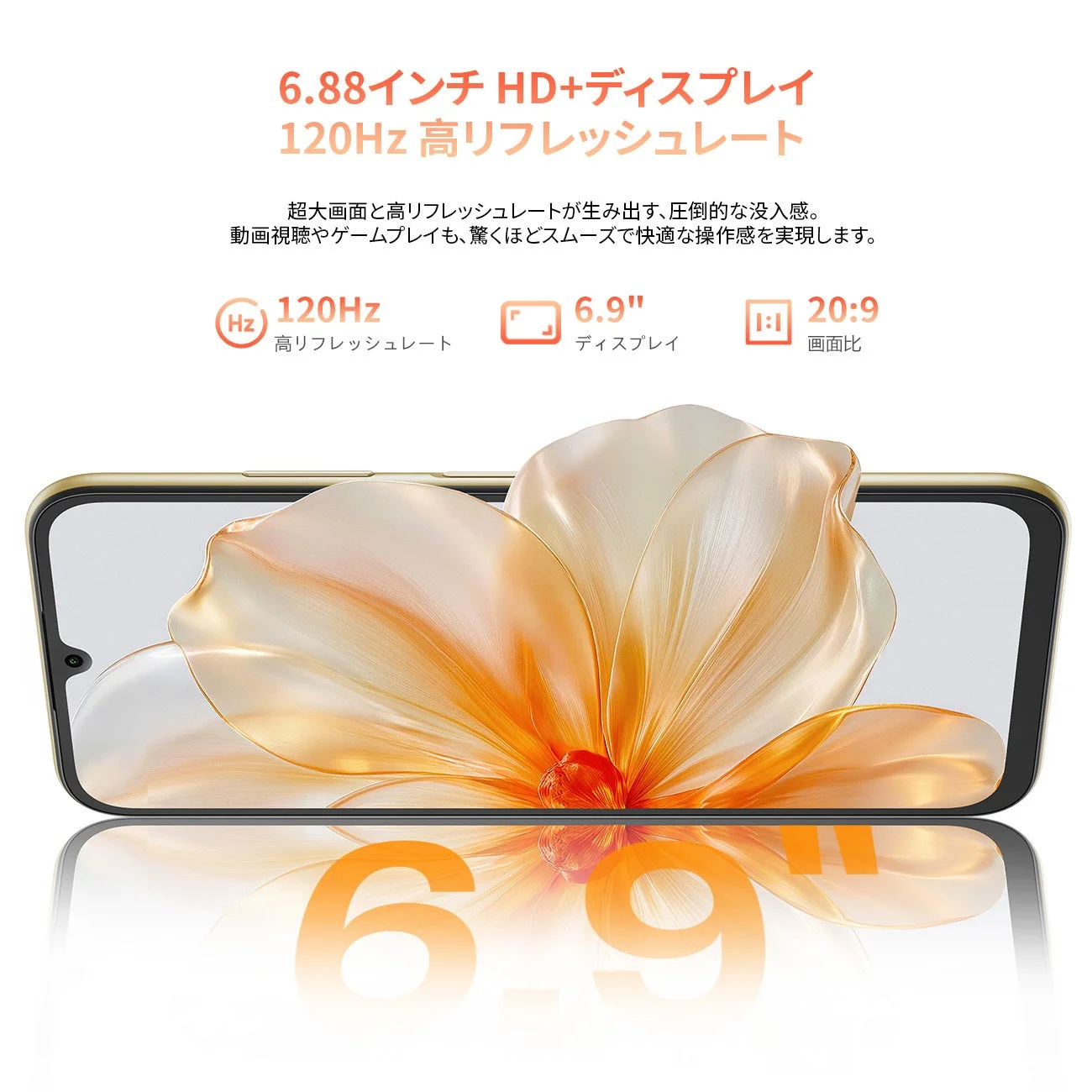 6.9インチHD+大画面と120Hz高リフレッシュレートの説明