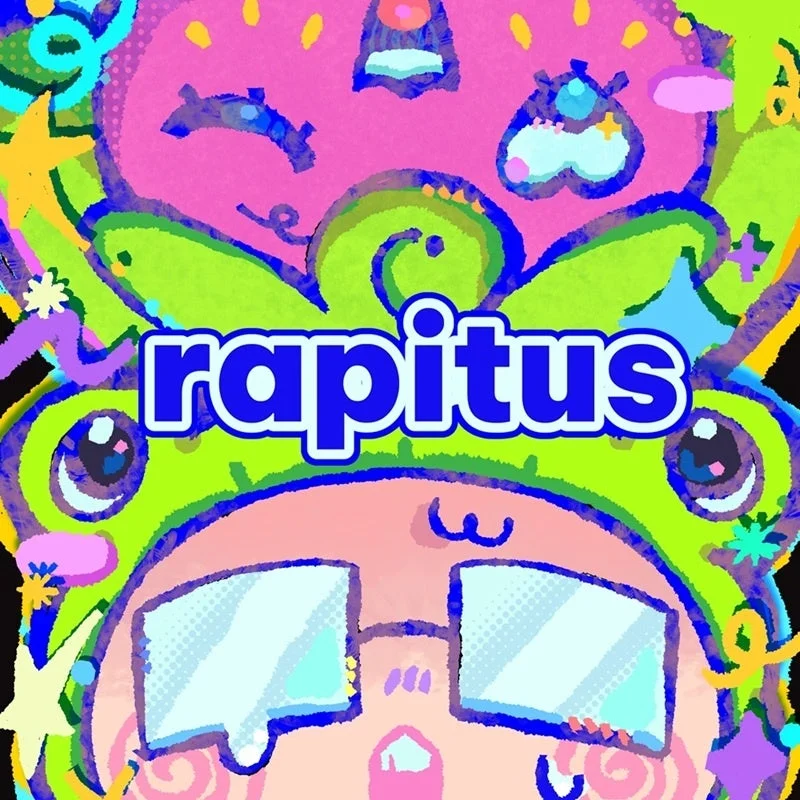 蛍光色と原色を多用したカラフルなイラストで、緑色のカエル帽をかぶり眼鏡をかけたキャラクターが描かれています。「rapitus」という文字が中央に配置され、全体的にサイケデリックでポップな雰囲気です。