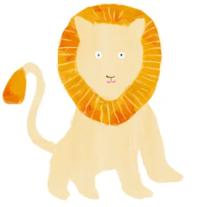 オレンジ色のたてがみと尻尾を持つ、可愛らしい手描き風のライオンのイラスト