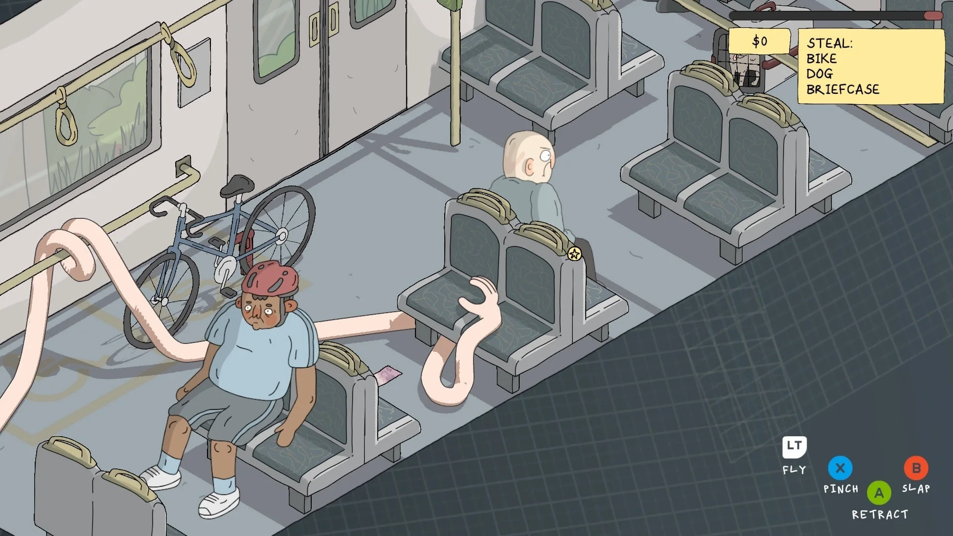 電車内で奇妙な生物が自転車を盗もうとしているゲーム画面