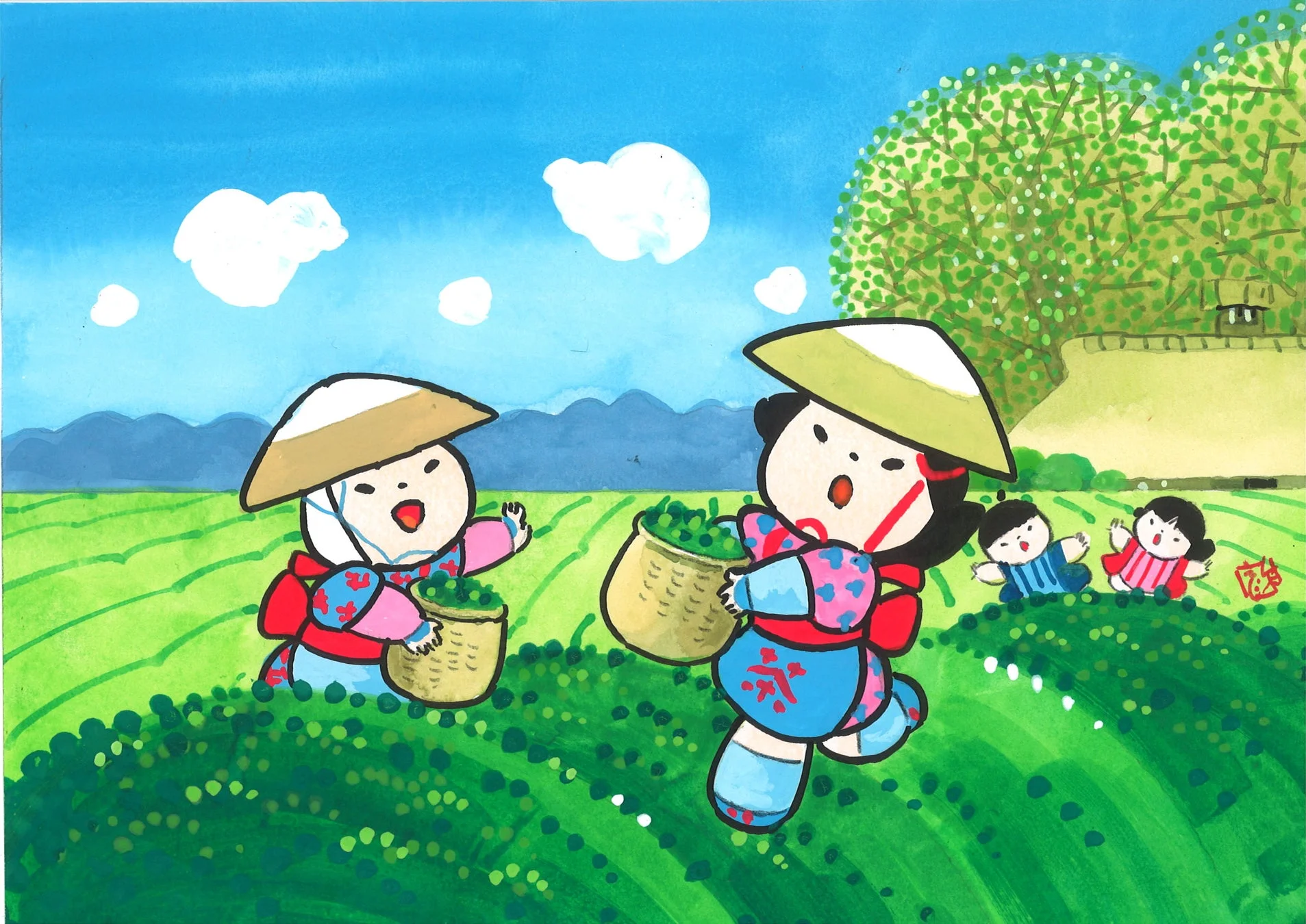 茶畑で茶摘みをする人々や遊ぶ子供たちが描かれたイラスト