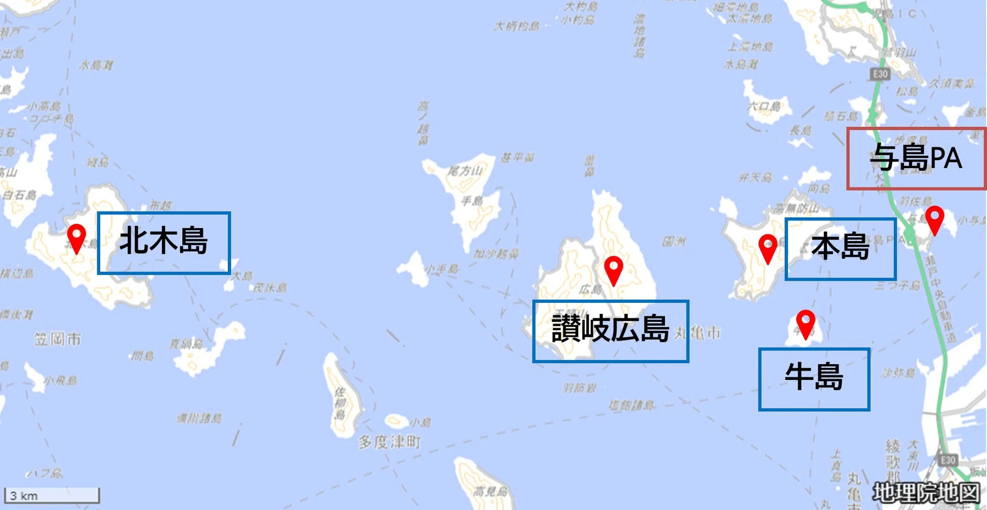瀬戸内海に浮かぶ島々を示した地図
