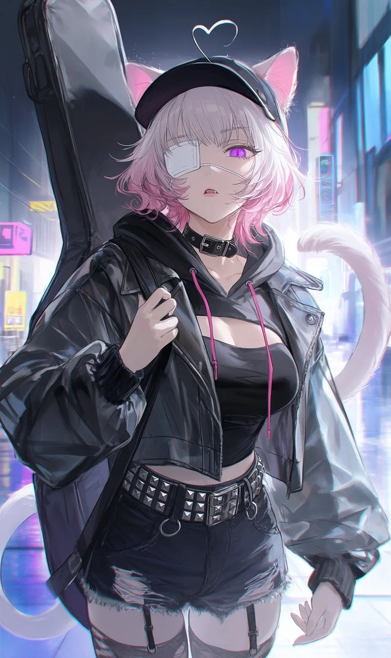 ネオン街に立つ猫耳の少女
