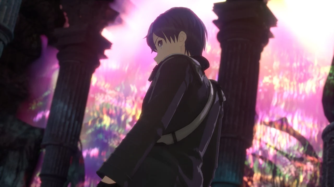 暗い衣装の男性キャラクターが、光り輝く幻想的な背景の中で何かに向かって歩いているようなシーンです。古代の柱が立ち並ぶ神秘的な空間が広がっています。