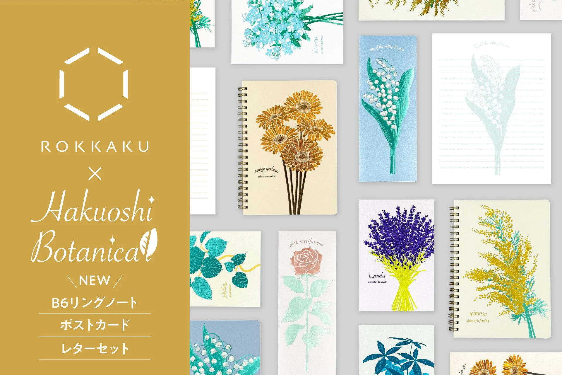 ROKKAKU X Hakuoshi Botanica NEW B6リングノート ポストカード レターセット