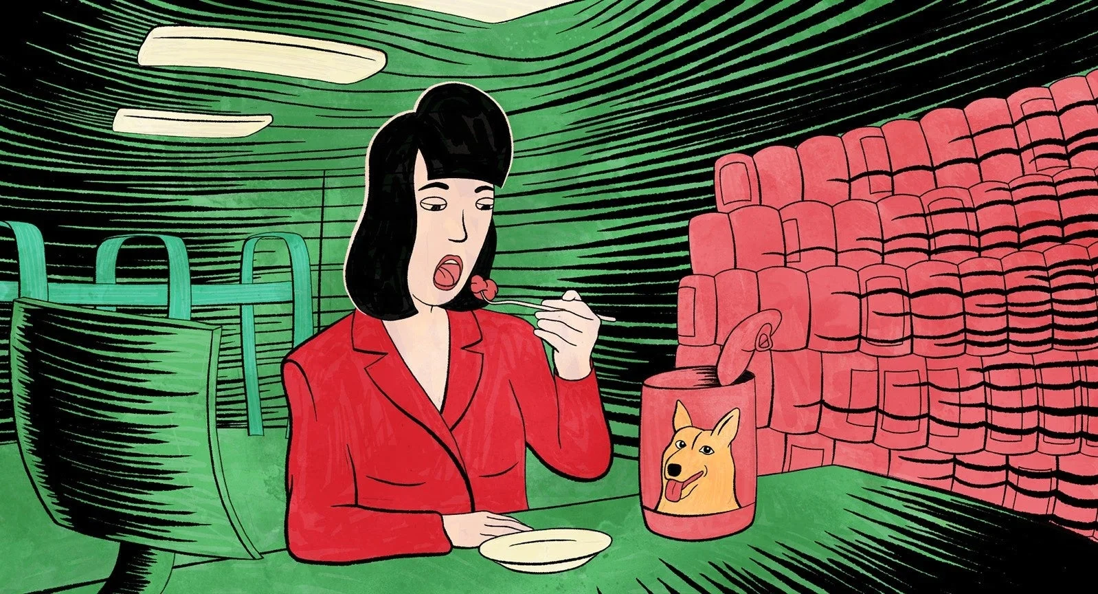 赤いジャケットの女性が食事をしているイラスト