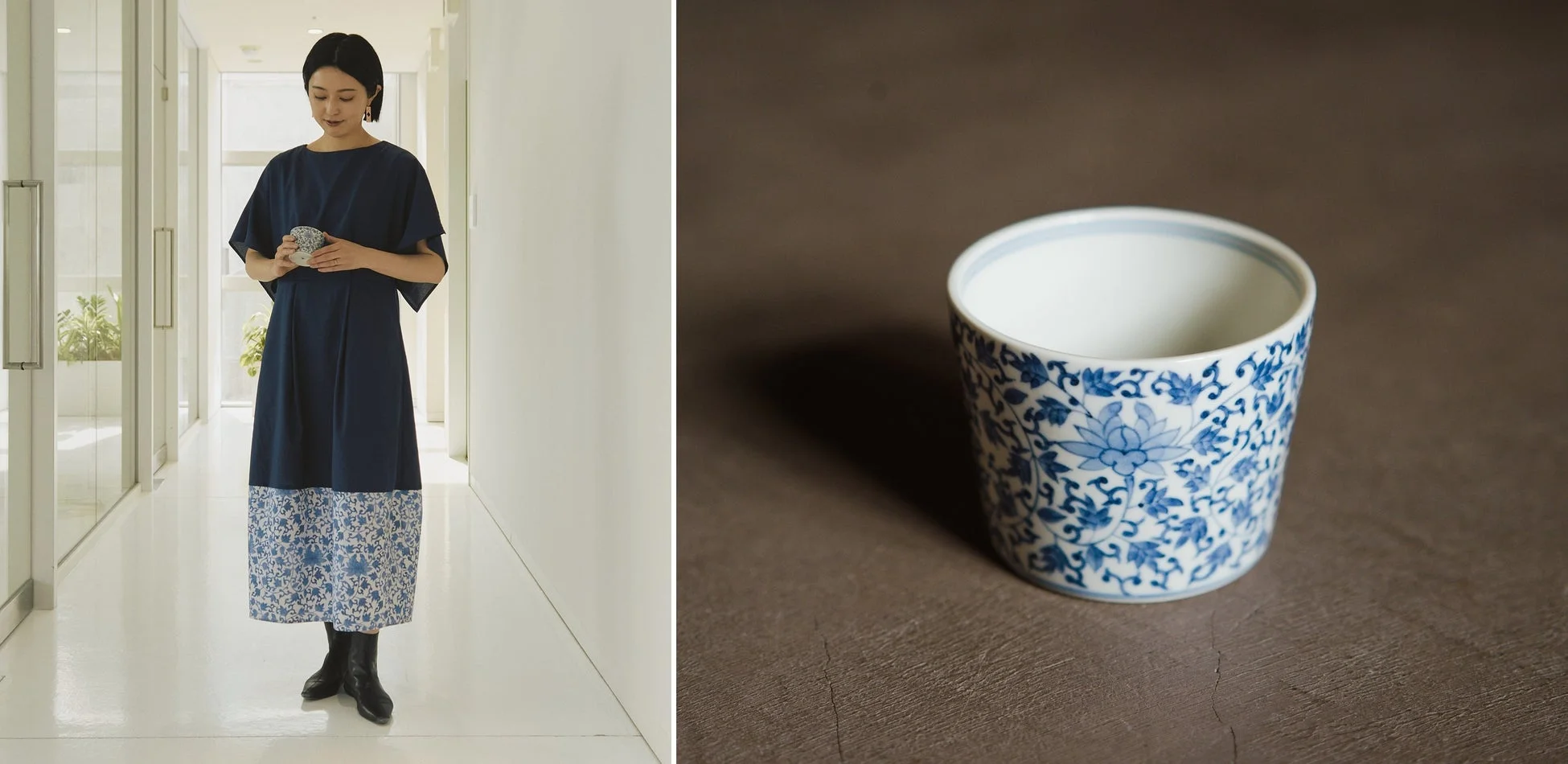 青と白の蓮と唐草模様のワンピースを着た女性