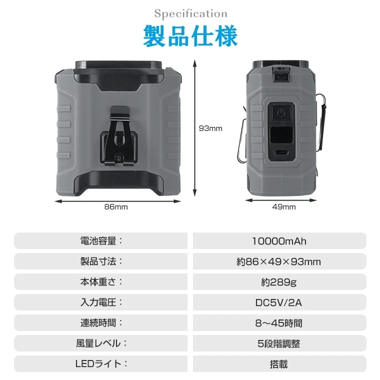 製品仕様 93mm 86mm 49mm 電池容量: 10000mAh 製品寸法: 約86×49×93mm 本体重さ: 約289g 入力電圧: DC5V/2A 連続時間: 8~45時間 風量レベル: 5段階調整 LEDライト: 搭載