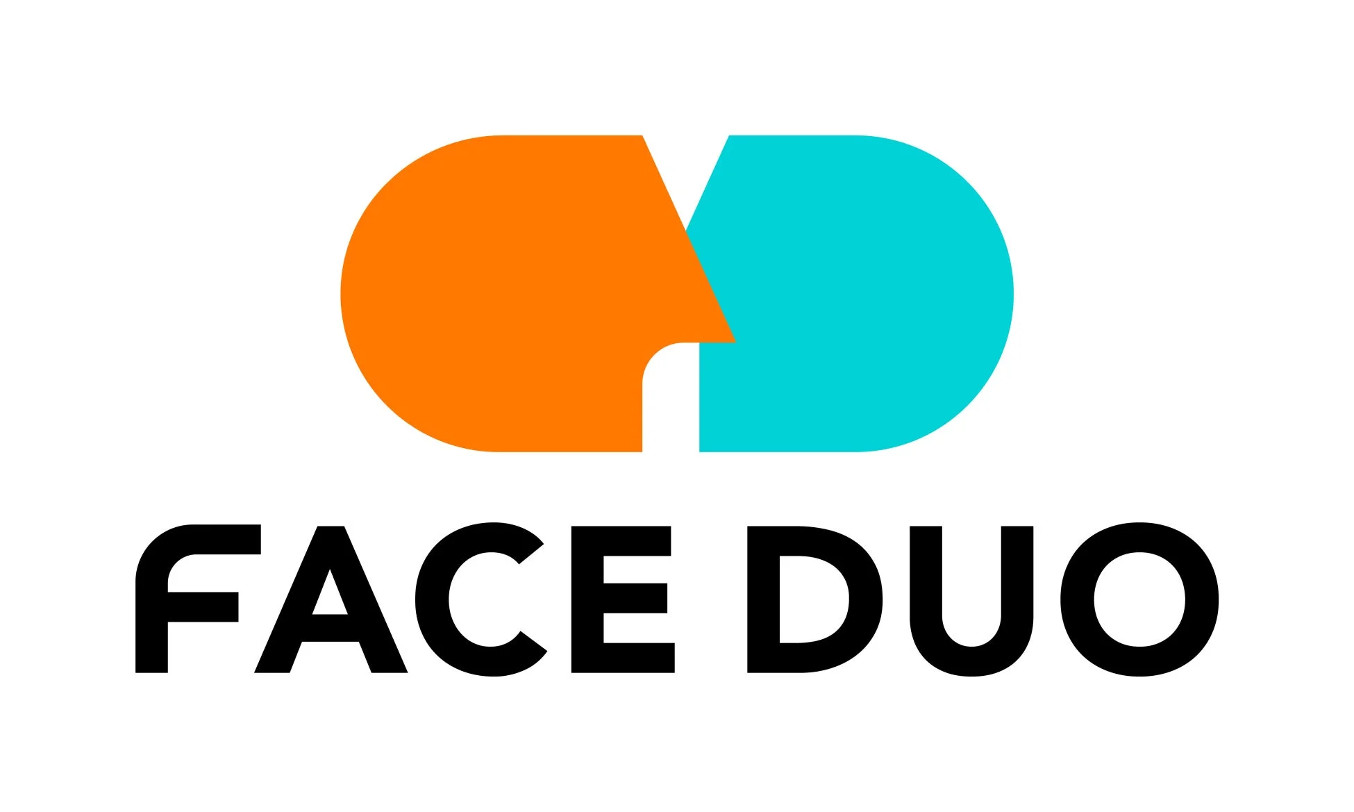 オレンジと水色の抽象的な顔のような図形が向かい合うデザインの「FACE DUO」ロゴ。シンプルでモダンなブランドイメージを表現しています。