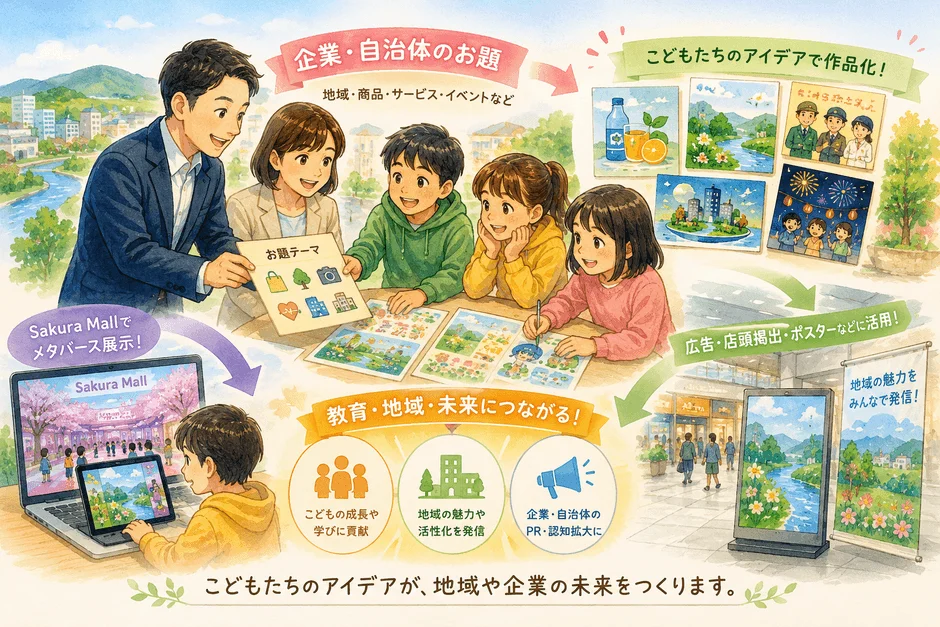子供たちのアイデアや作品が、企業や自治体の課題解決、地域の魅力発信、教育、PR活動に繋がる様子