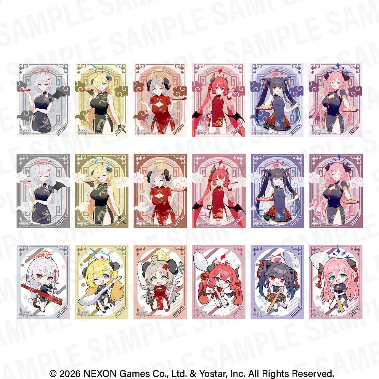 チャイナドレスを着たアニメの女の子たちが描かれた18枚のキャラクターカードのセット