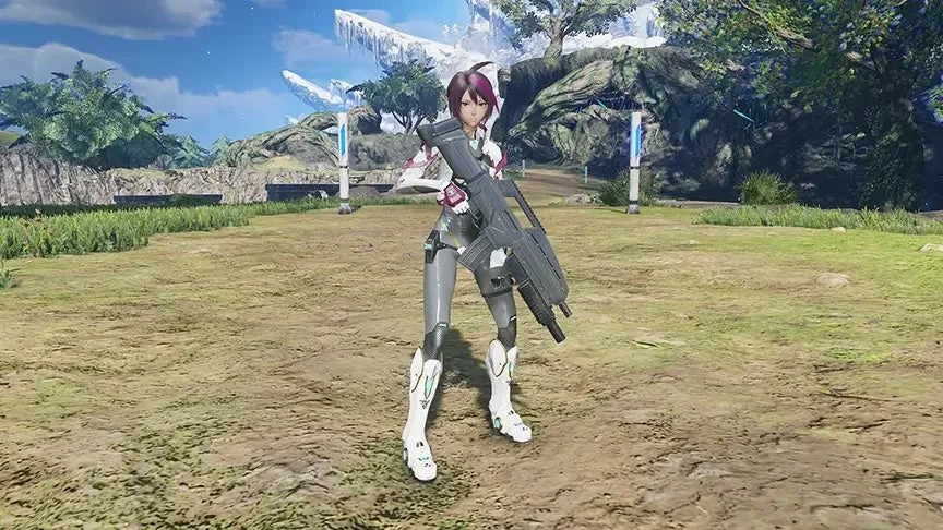 SF的な衣装をまとったゲームの女性キャラクターが、屋外で大型のライフルを構えている画像