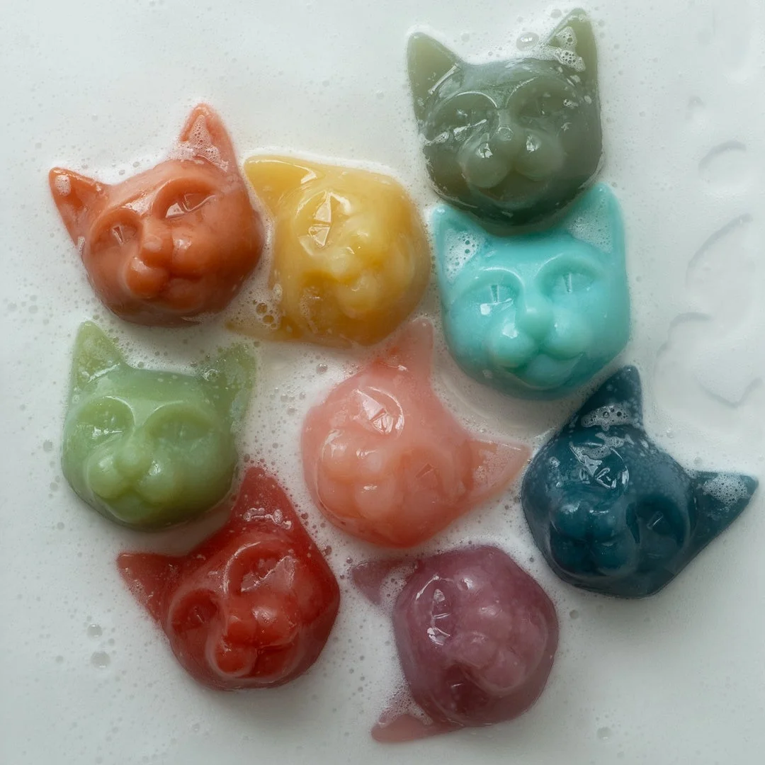 泡立つ白い液体の中に、オレンジ、緑、青、ピンクなど様々な色の猫の顔の形をした石鹸やバスボムが浮かんでいます。カラフルで可愛らしい、癒されるバスタイムを連想させる一枚です。