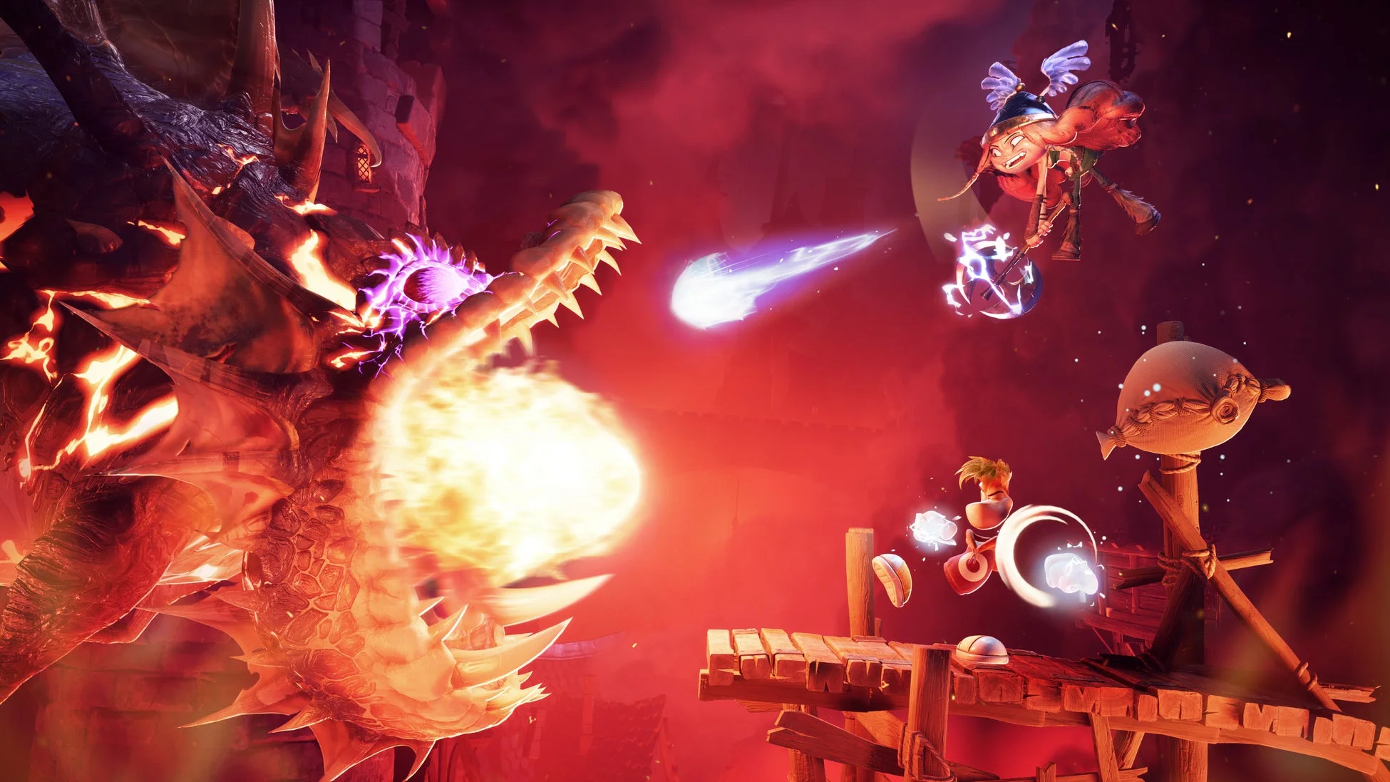 ゲームのキャラクターたちが、炎を吐く巨大なドラゴンと戦っている激しいアクションシーン